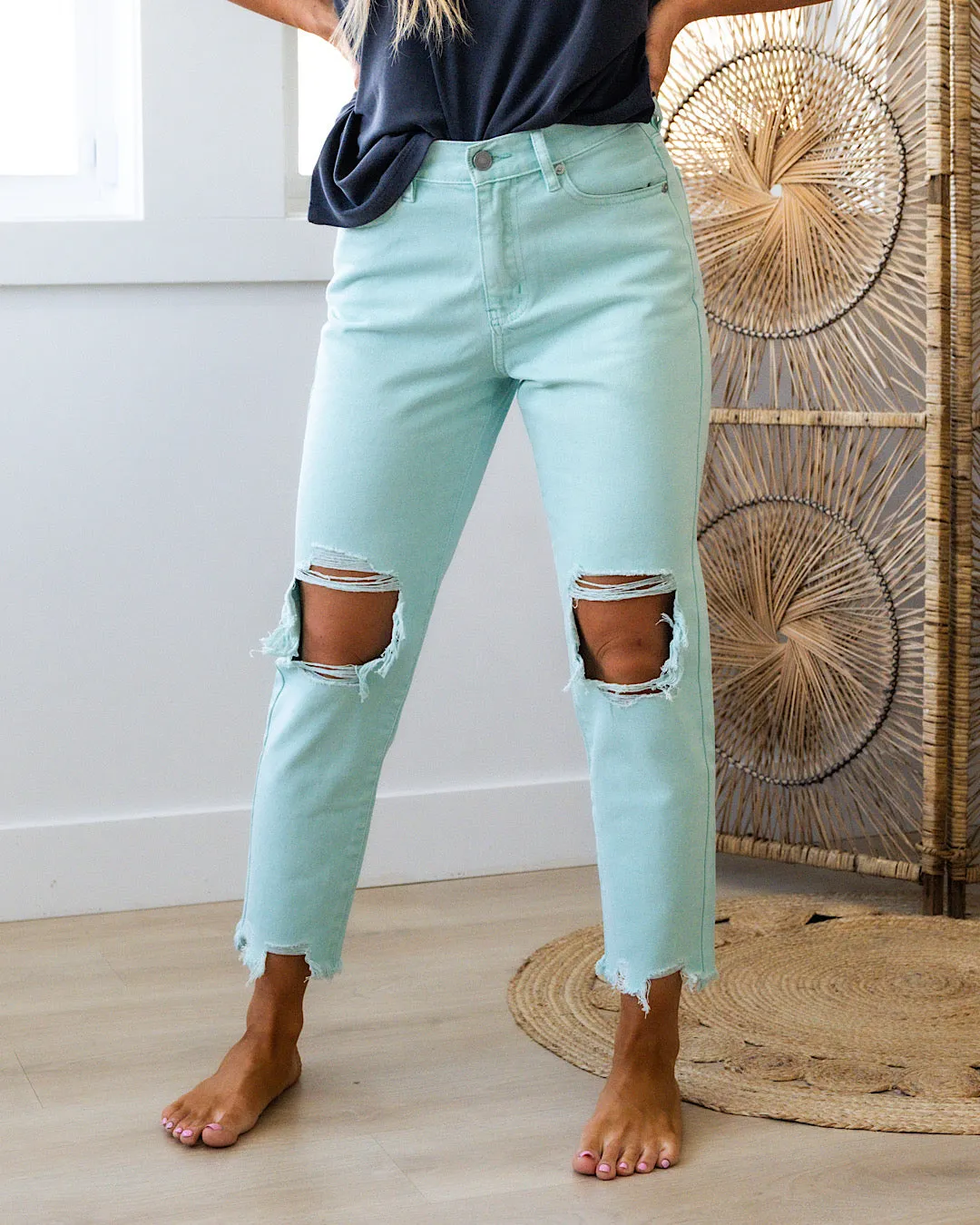 KanCan Amelia Distressed Mom Jeans - Seafoam