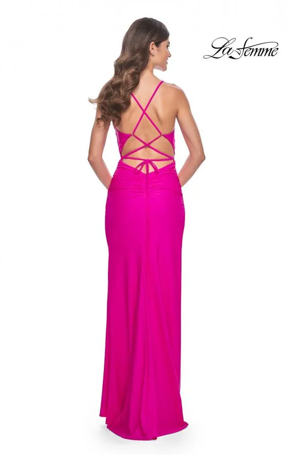 La Femme 32152 Jersey Draped Neck Hi Slit