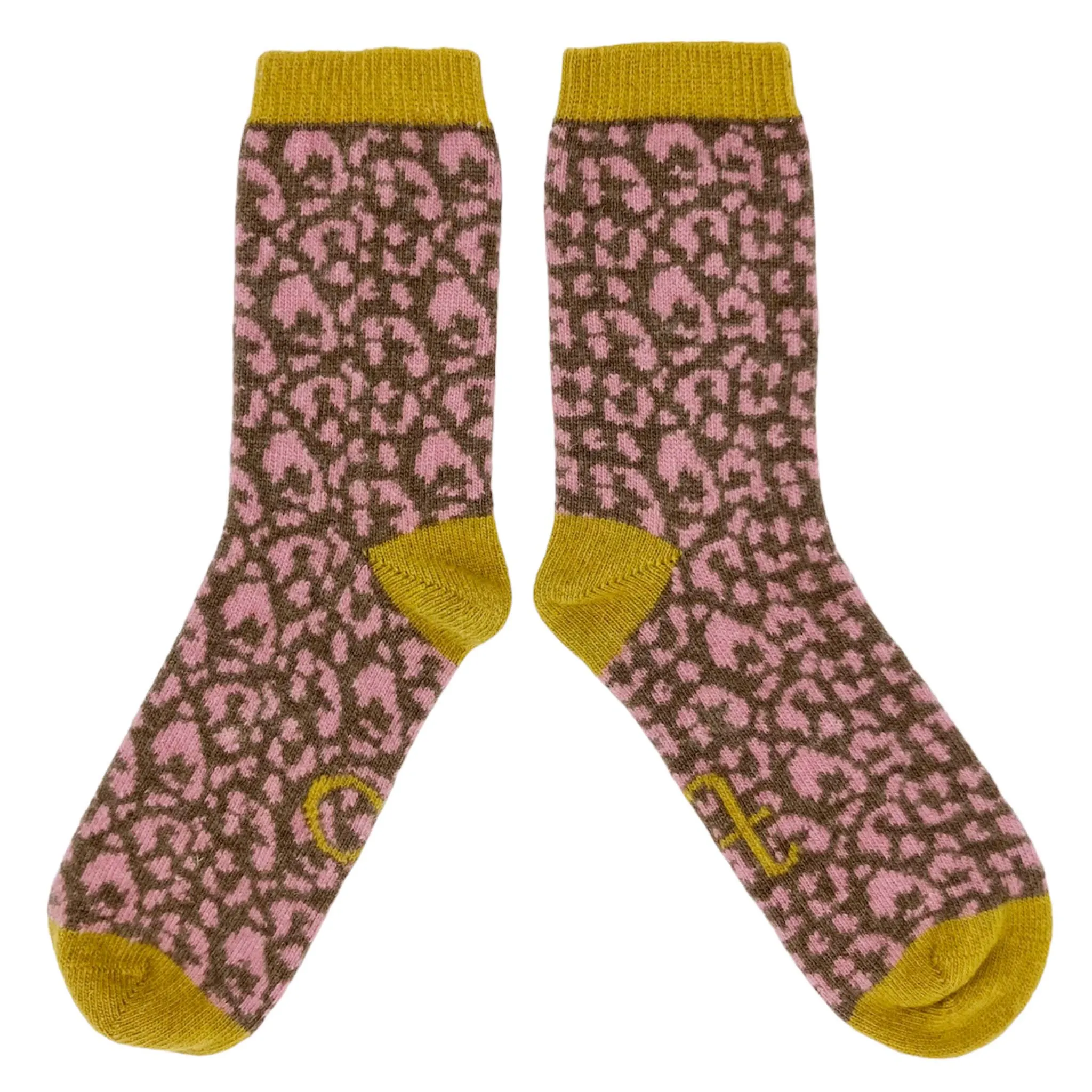 Ladies Dusky Pink Leopard Print Lambswool Ankle Socks