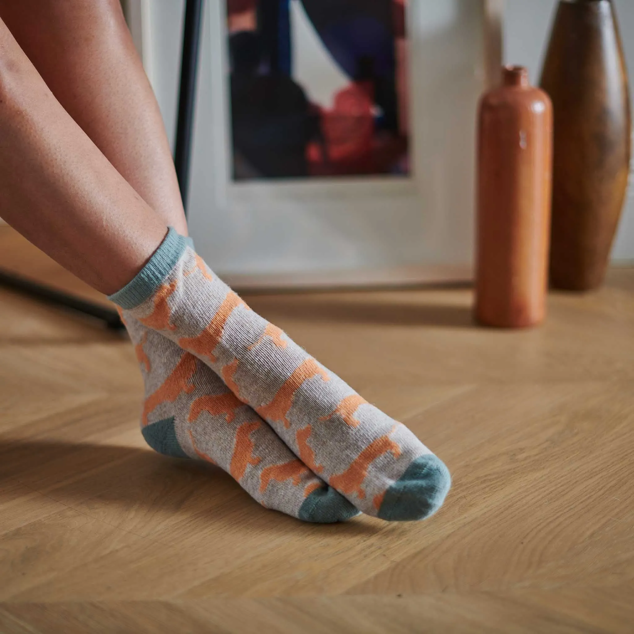 Ladies Oatmeal & Orange Sausage Dog Lambswool Ankle Socks