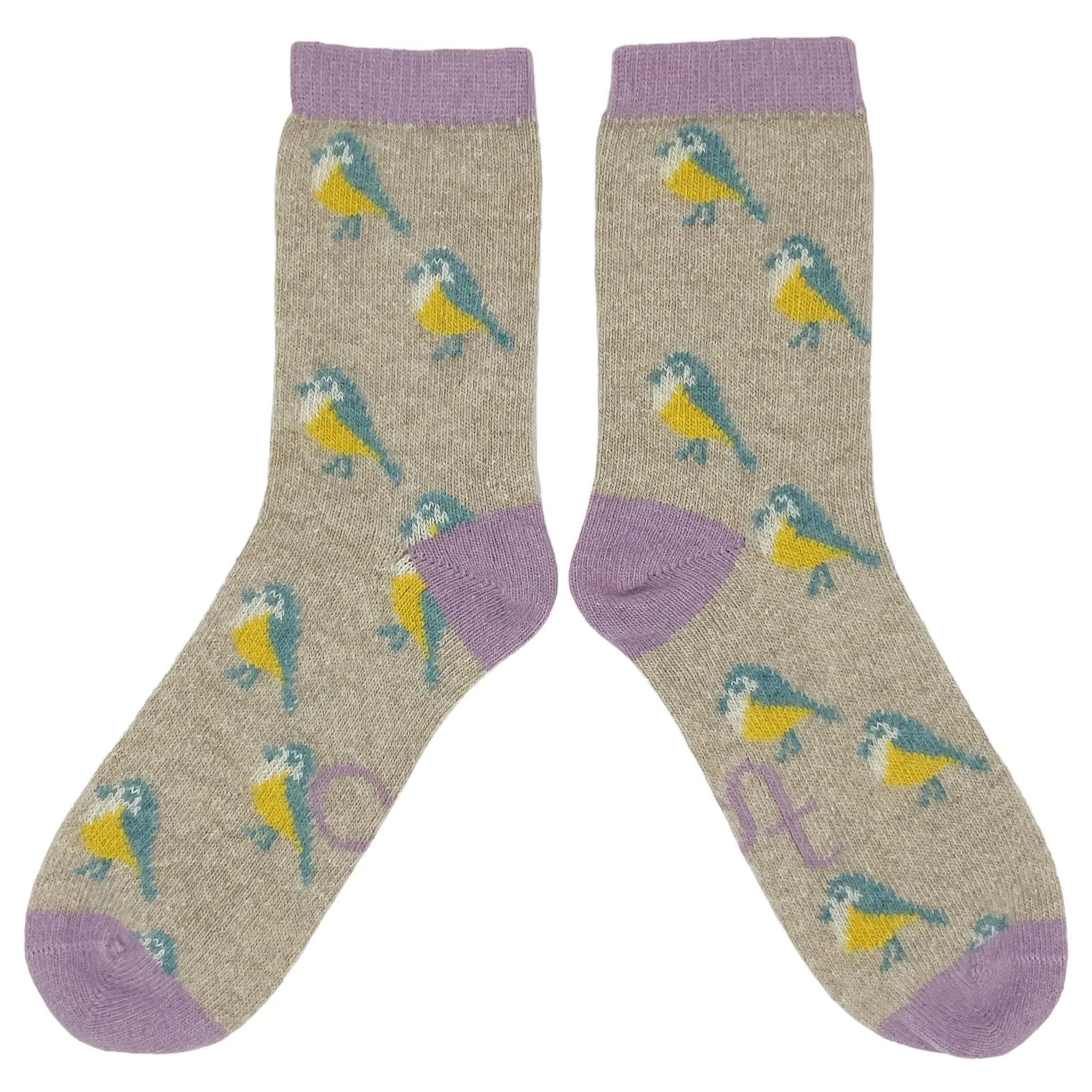 Ladies Oatmeal Blue Tit Lambswool Ankle Socks