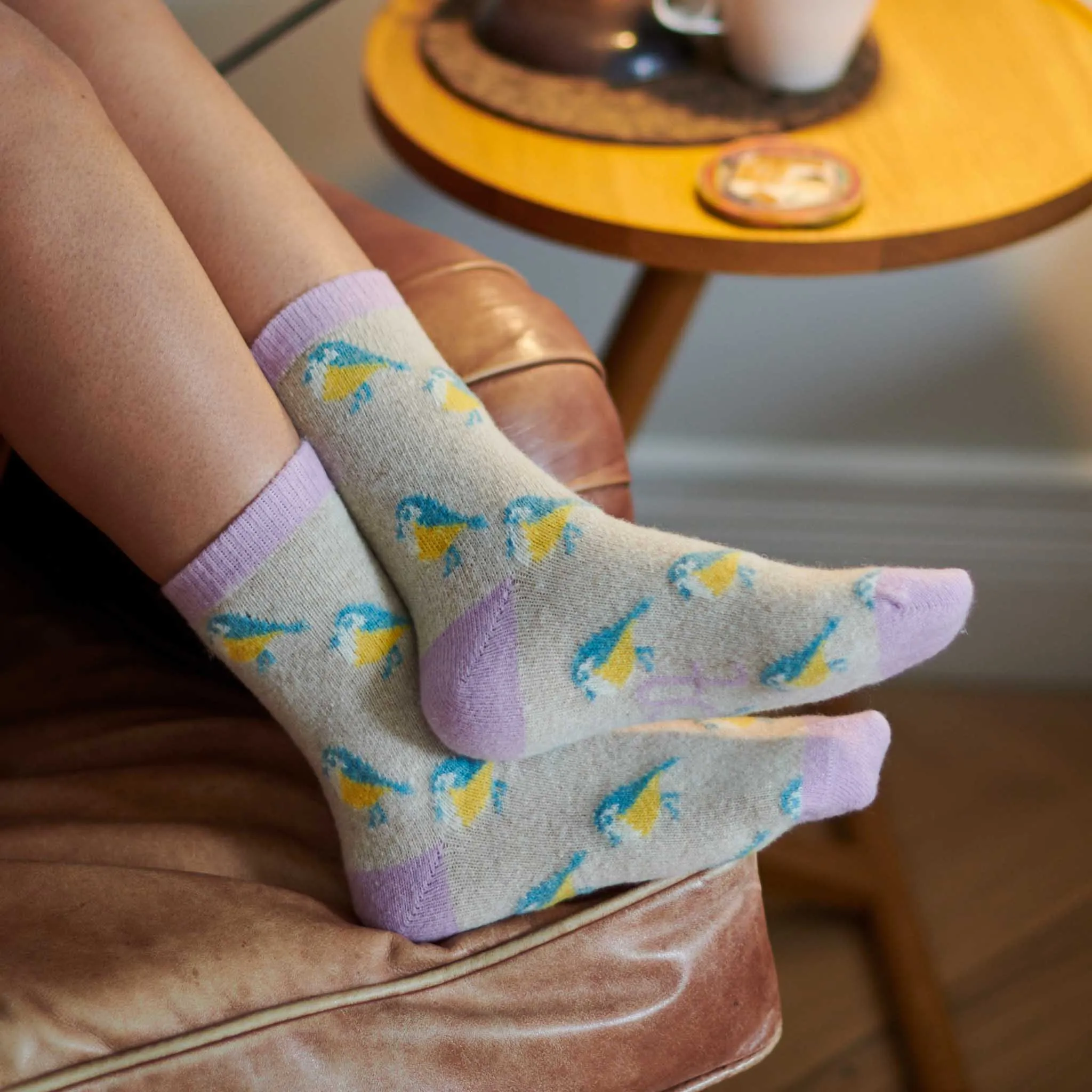 Ladies Oatmeal Blue Tit Lambswool Ankle Socks