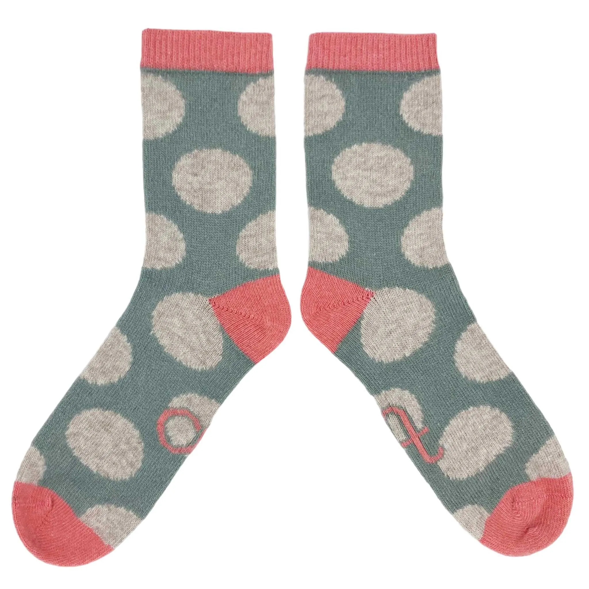 Ladies Sage & Oatmeal Large Spot Lambswool Ankle Socks