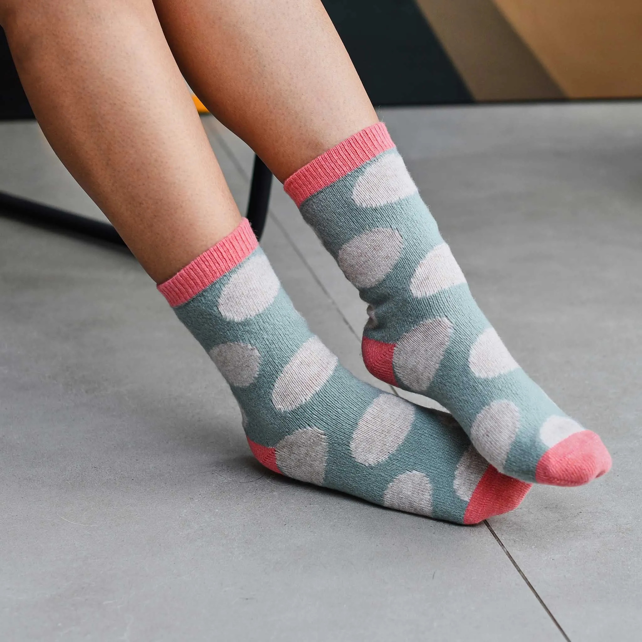 Ladies Sage & Oatmeal Large Spot Lambswool Ankle Socks