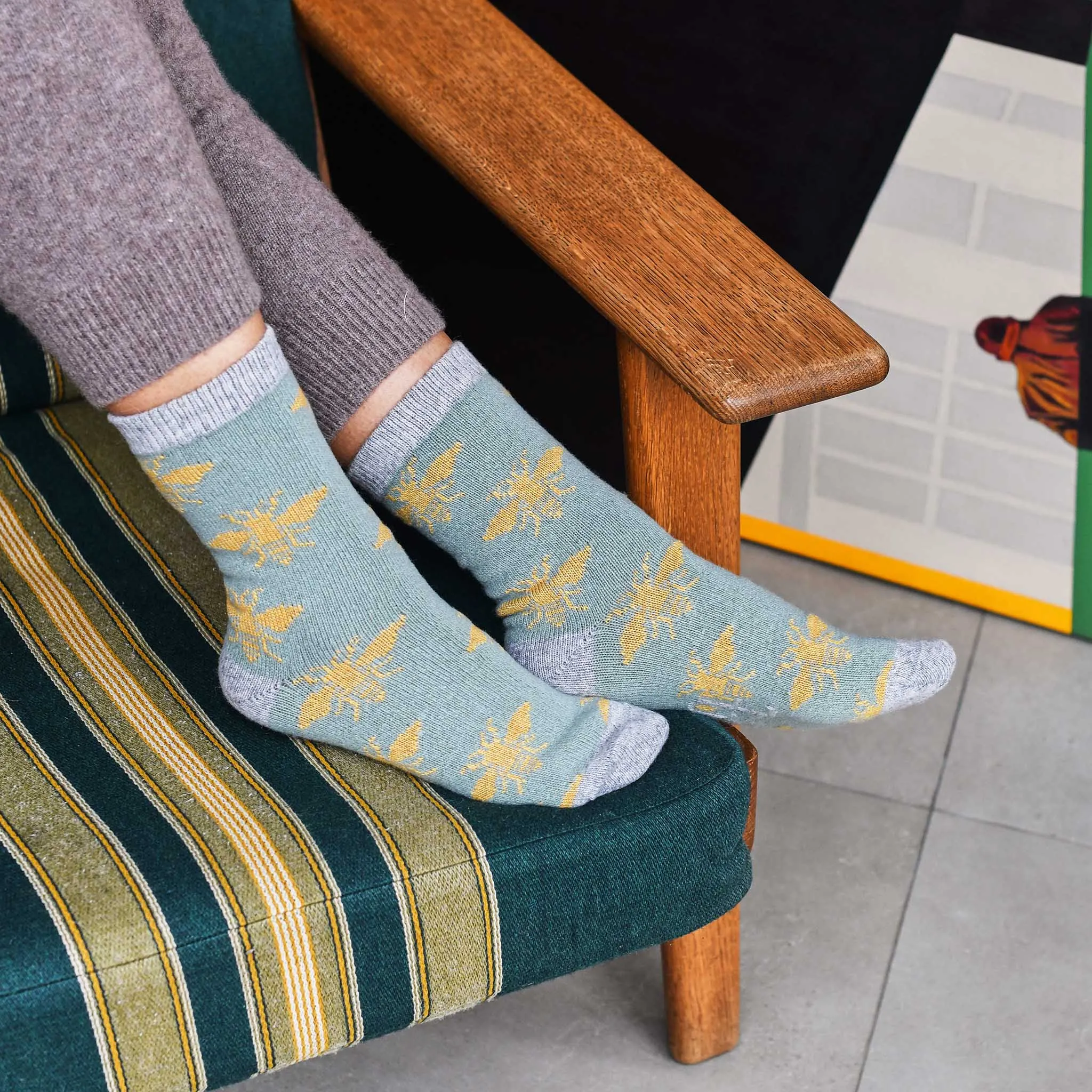 Ladies Sage & Yellow Bee Lambswool Ankle Socks