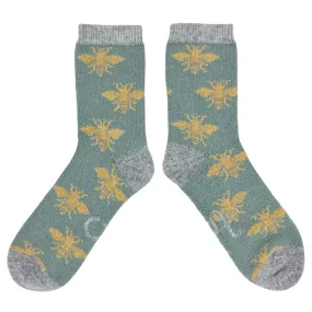 Ladies Sage & Yellow Bee Lambswool Ankle Socks