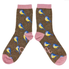 Ladies Soft Brown Blue Tit Lambswool Ankle Socks