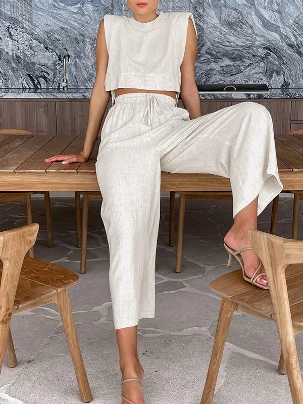 Linen Sleeveless Lace Up Tops & Long Pants Set