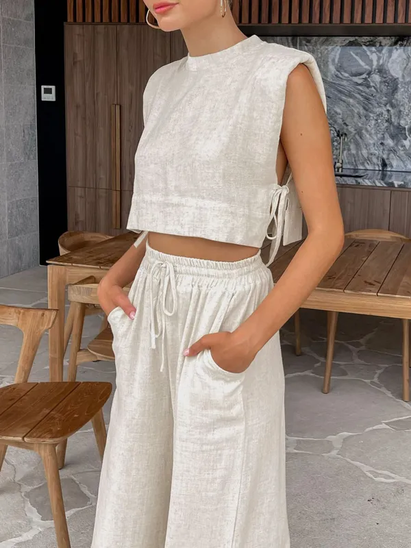 Linen Sleeveless Lace Up Tops & Long Pants Set