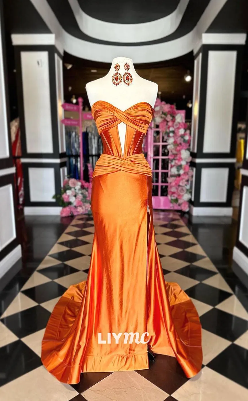 LP1224 - Sexy Orange Sweetheart Draped Satin Prom Evening Dress