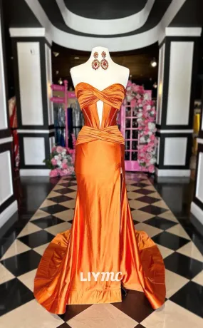 LP1224 - Sexy Orange Sweetheart Draped Satin Prom Evening Dress