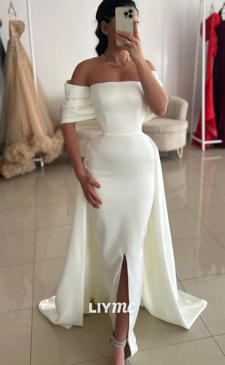 LP1970 - Simple Off-Shoulder Sleek Satin Sheath Prom Dress