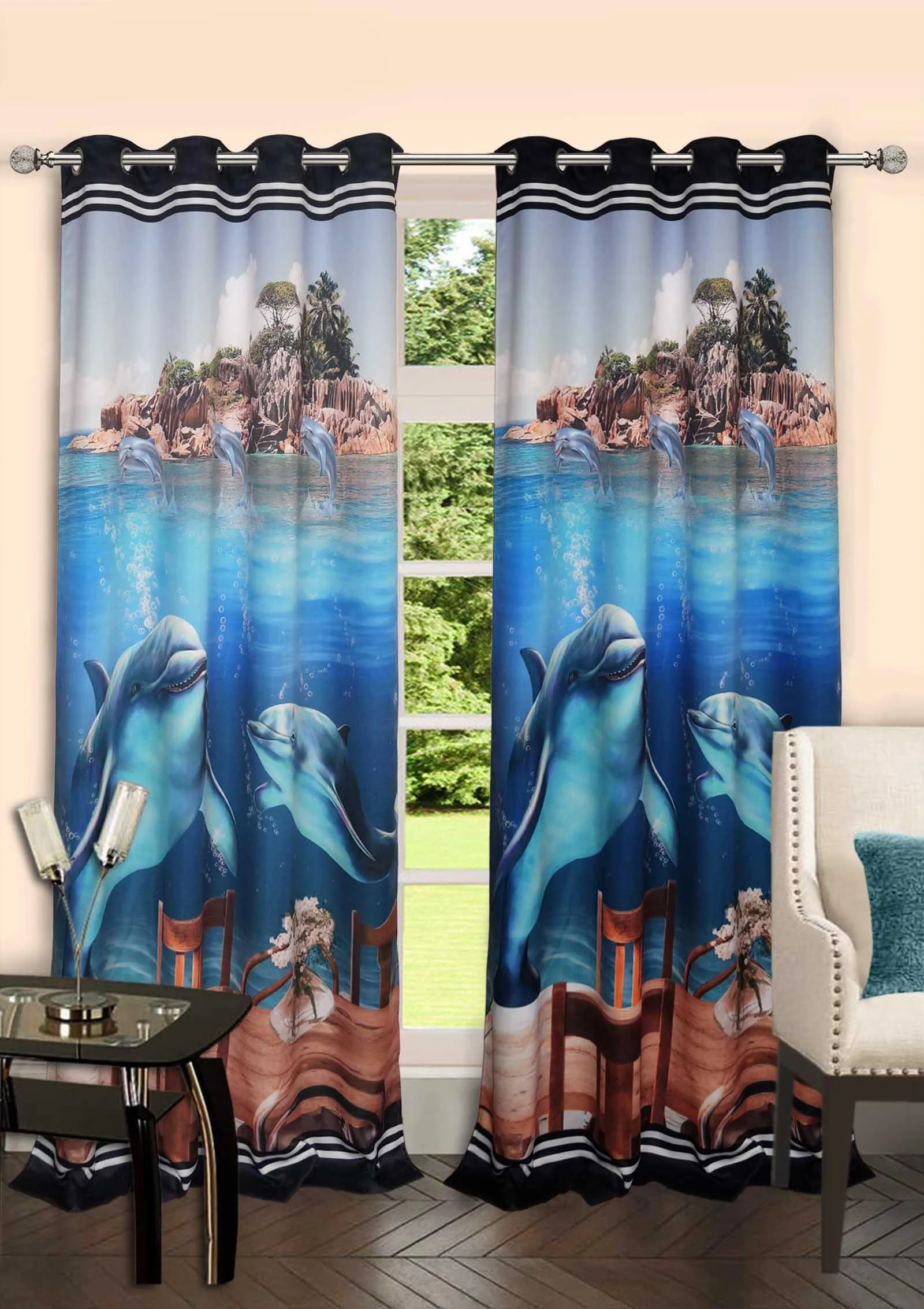 Lushomes Blackout Curtains, Marine Printed door curtain, 8 Metal Eyelets, curtains & drapes, parda, urban space curtains, curtains for living room, screen for door (48 X90 inches, Set of 1)