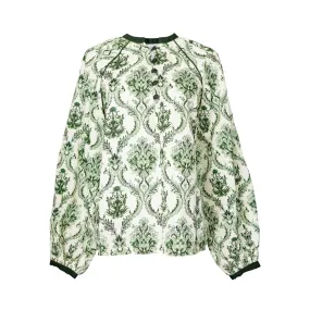 MASON'S DAUGHTER Blouse, Green and Ivory Trellis Print