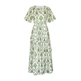 MASON'S DAUGHTER Pleated Midi Dress, Green and Ivory Trellis Print