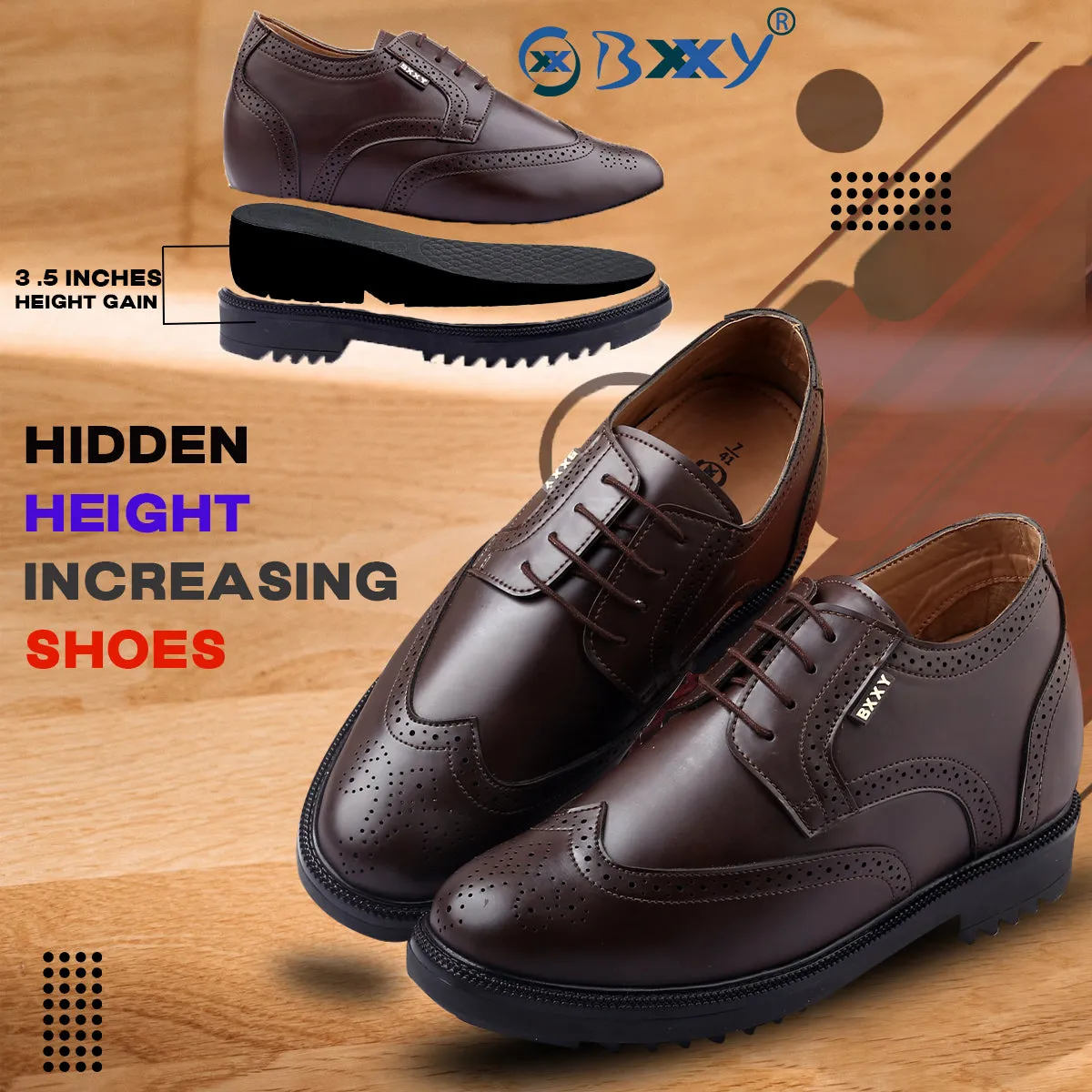 Men's 3.5 inch Hidden Height Increasing Luxe Brogue Lace-up Shoes