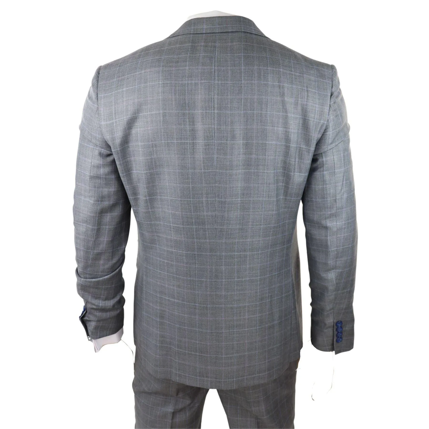 Mens Light Grey 3 Piece Suit Blue Check Double Breast Waistcoat Office Wedding Prom