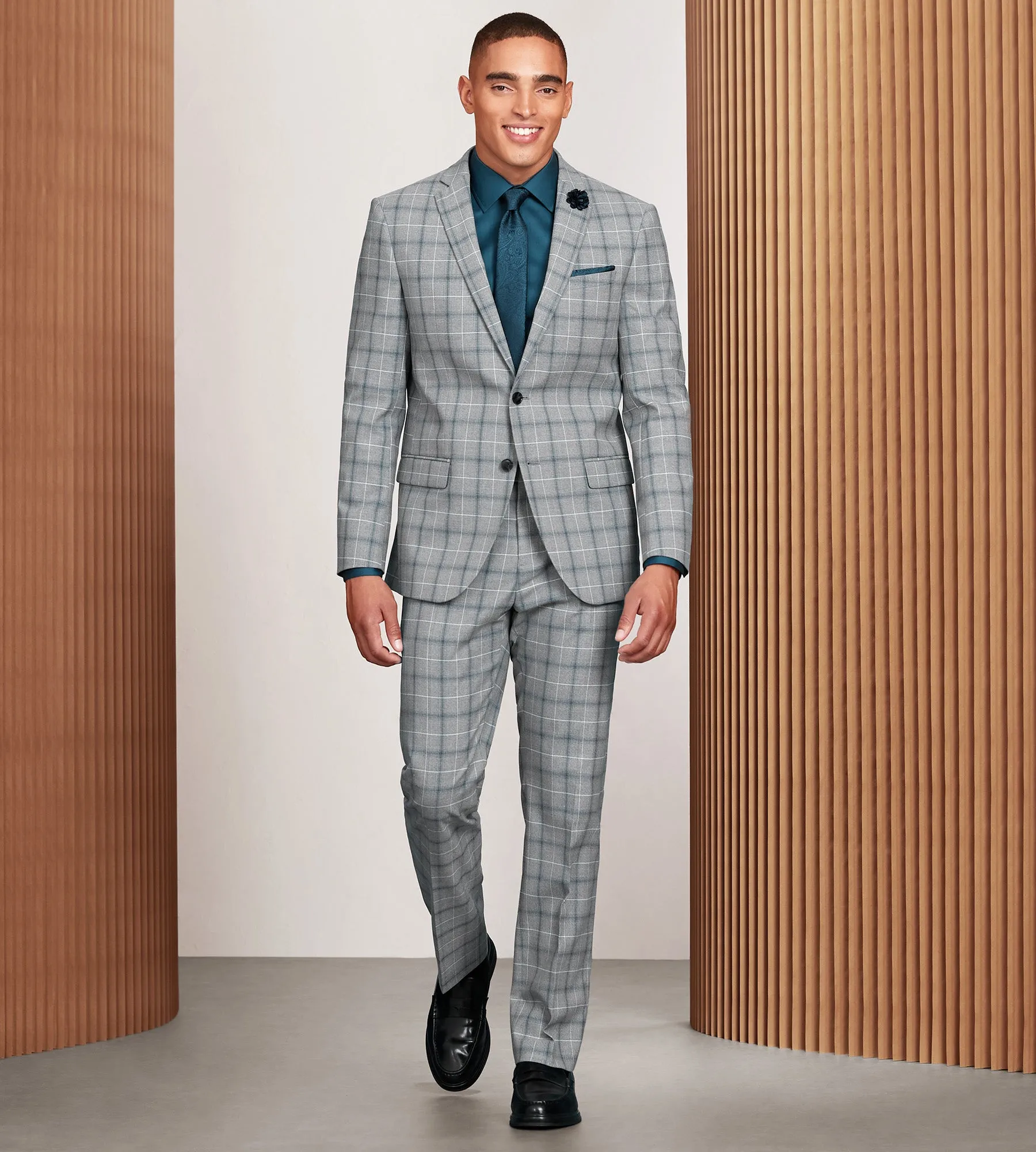 Modern Fit Grey Plaid Suit