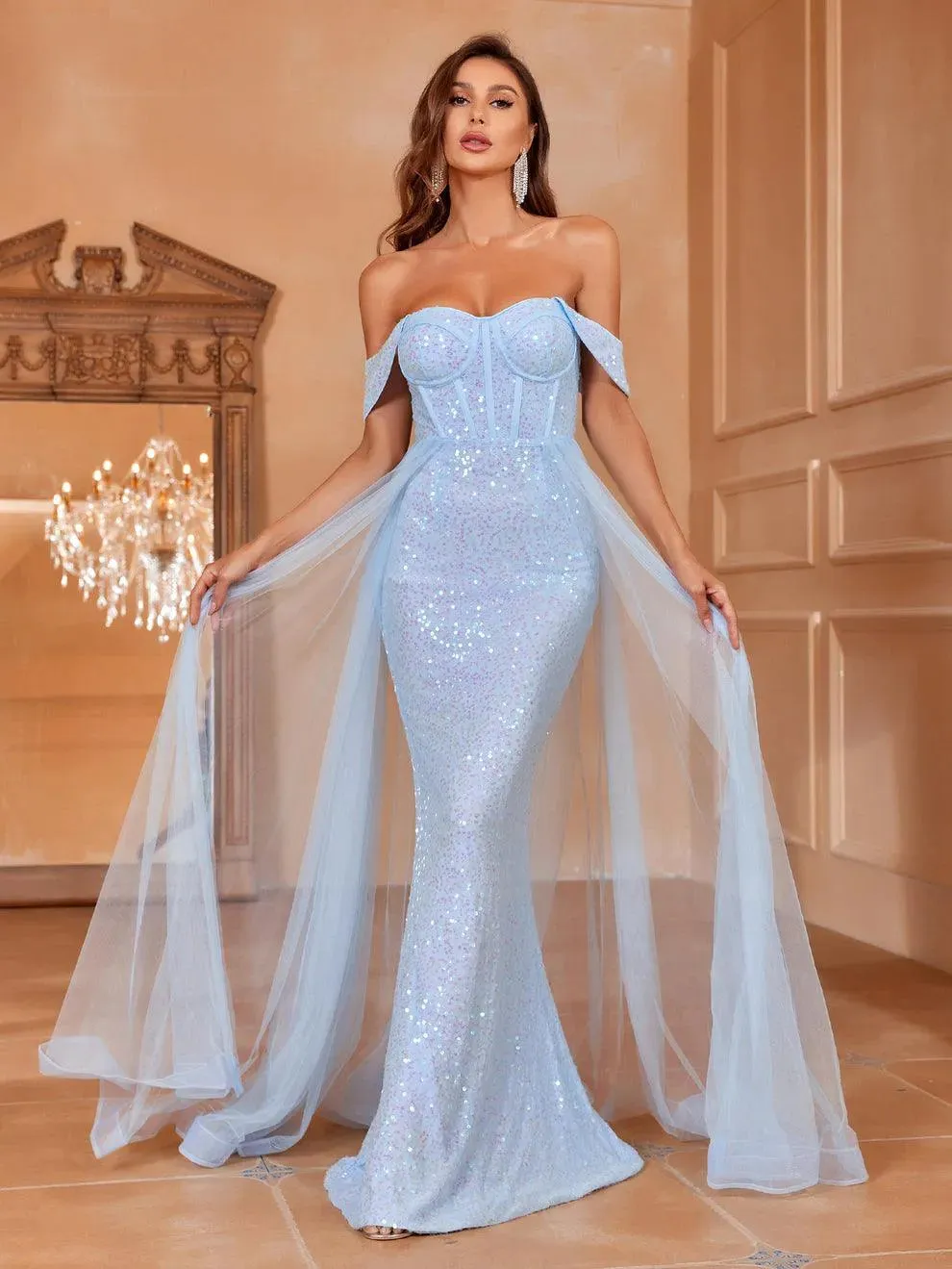 Off Shoulder Mesh Overlay Sequin Mermaid Dress