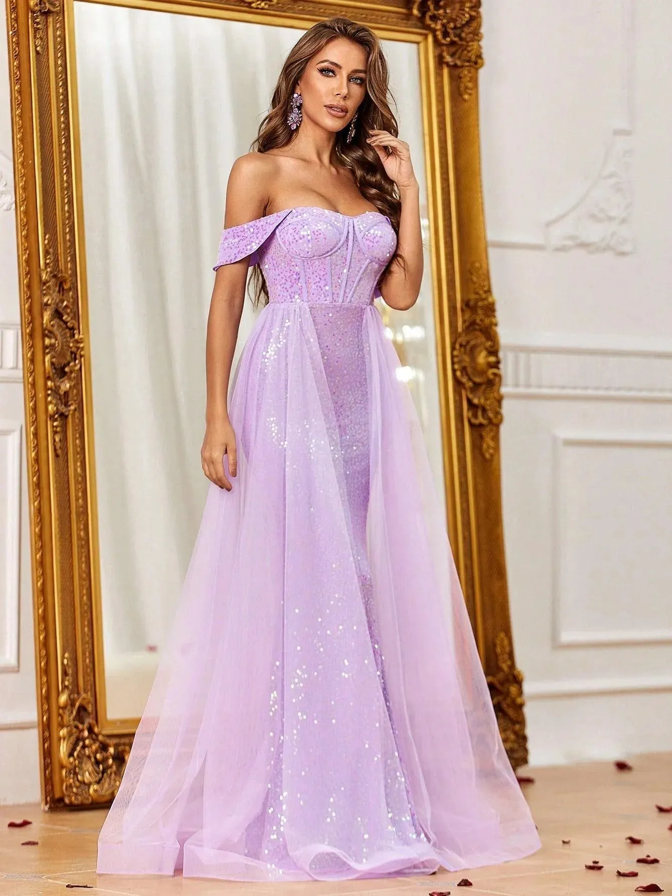 Off Shoulder Mesh Overlay Sequin Mermaid Dress