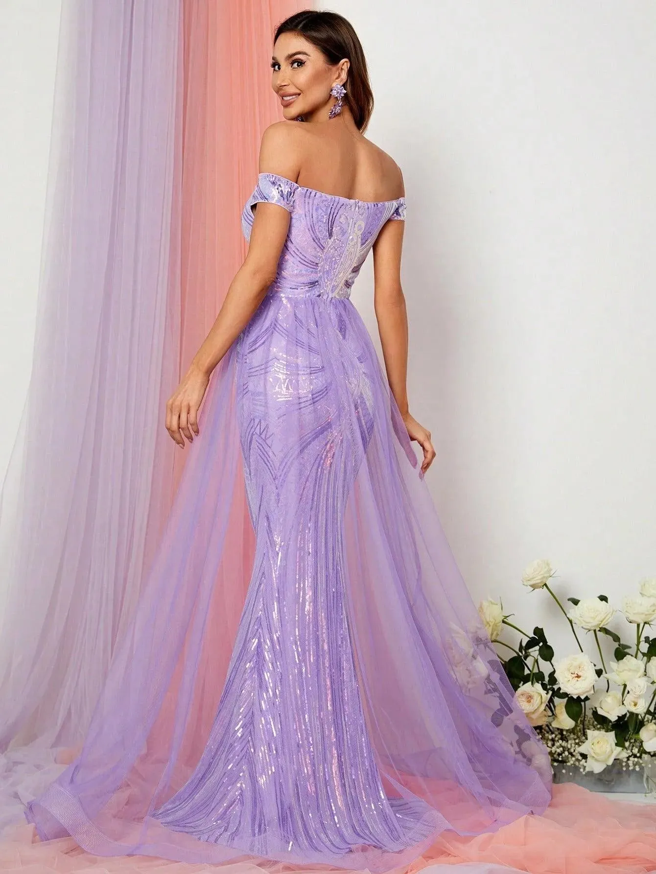 Off Shoulder Mesh Overlay Sequin Mermaid Prom Dress