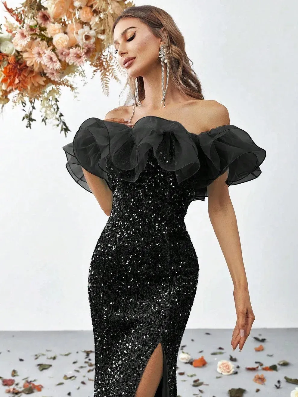 Off Shoulder Ruffle Trim Split Thigh Sequin Mermaid Dress