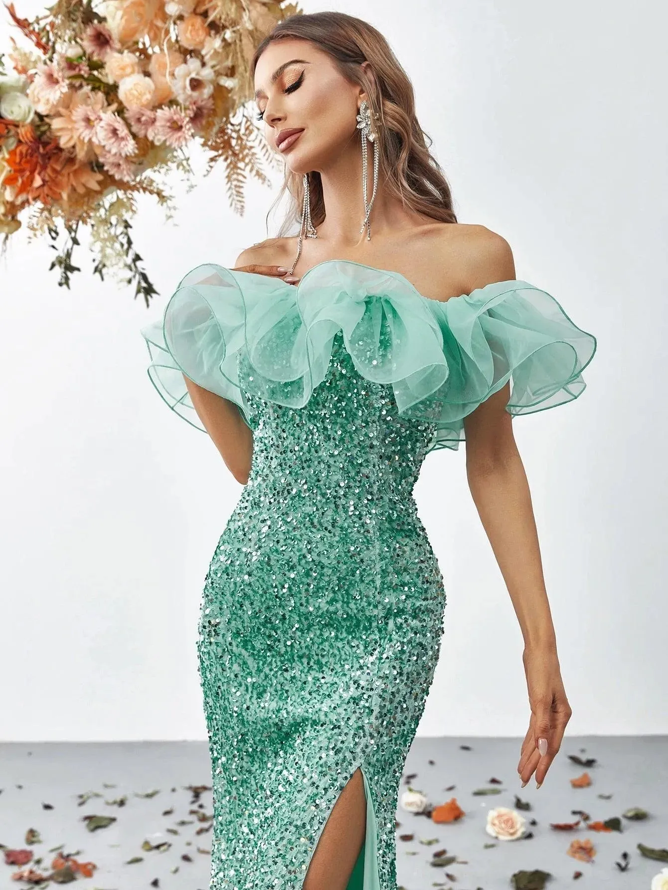 Off Shoulder Ruffle Trim Split Thigh Sequin Mermaid Dress