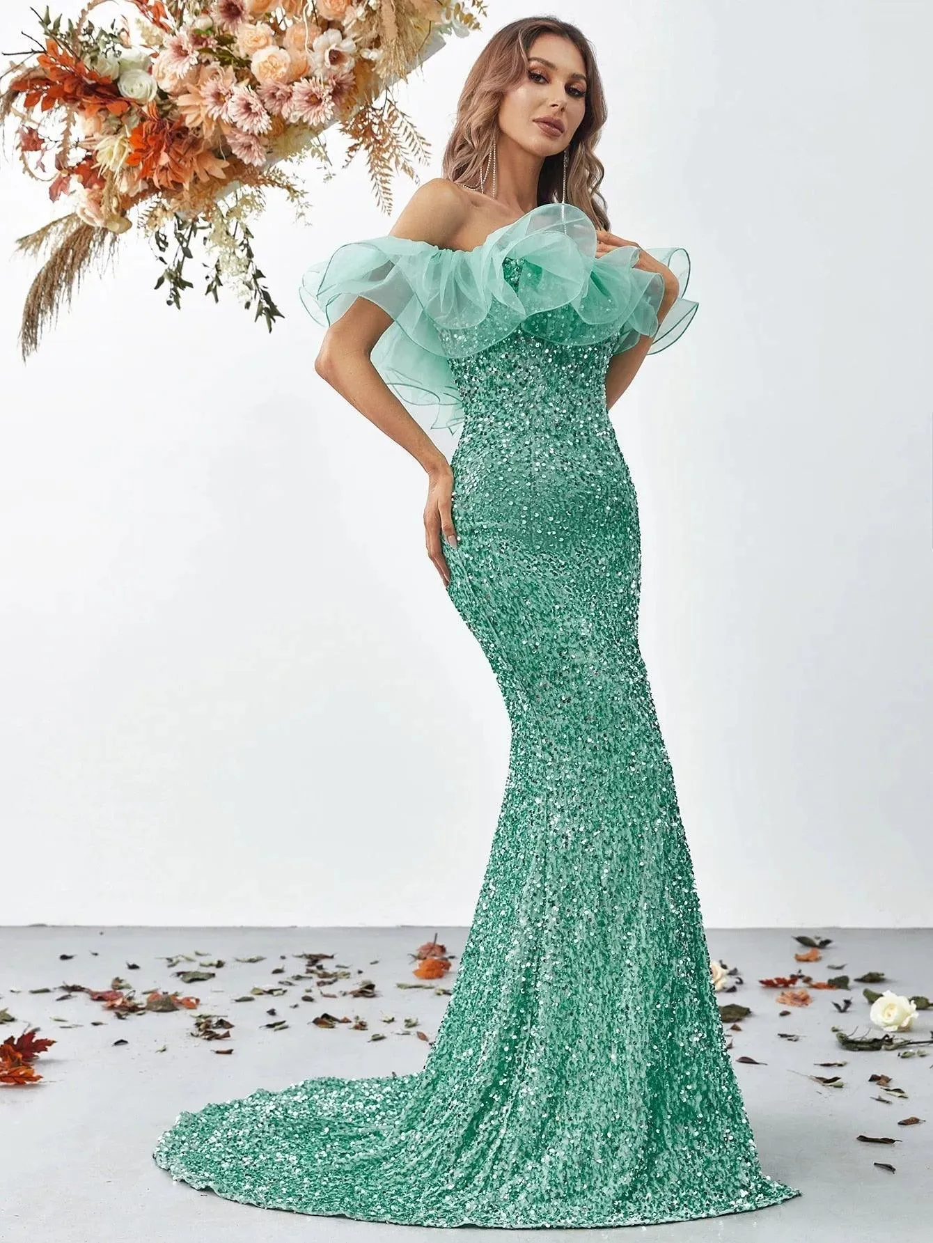 Off Shoulder Ruffle Trim Split Thigh Sequin Mermaid Dress