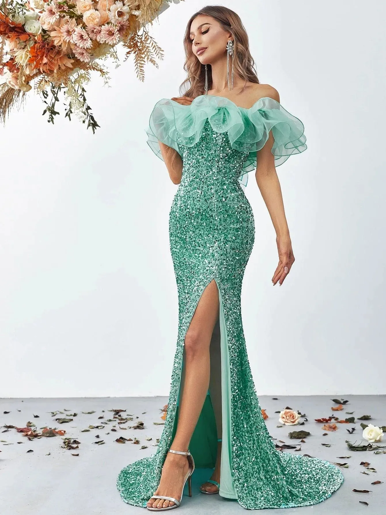 Off Shoulder Ruffle Trim Split Thigh Sequin Mermaid Dress