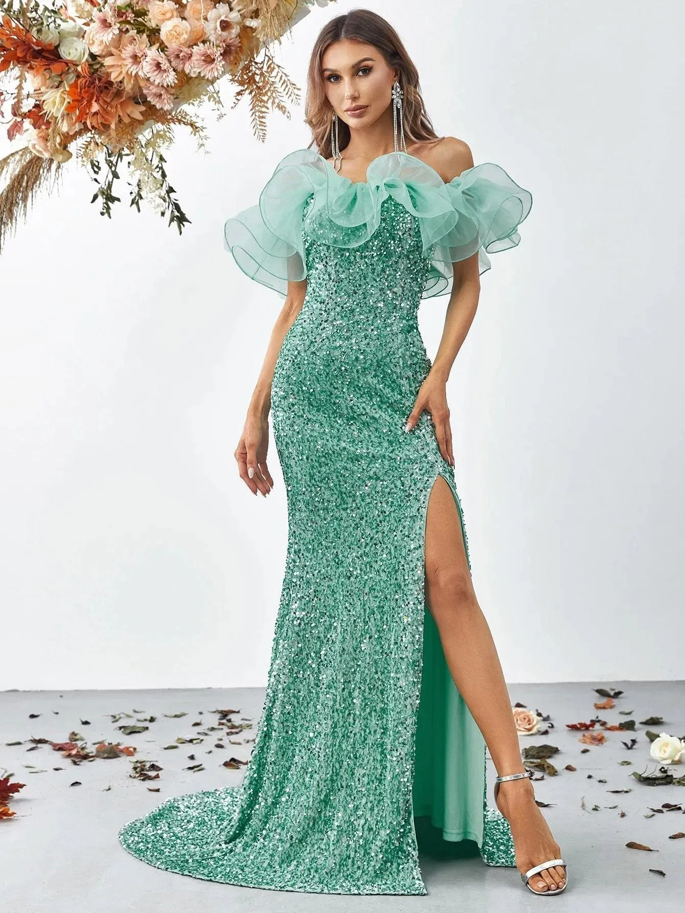 Off Shoulder Ruffle Trim Split Thigh Sequin Mermaid Dress