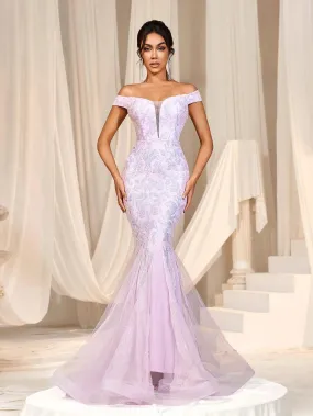 Off Shoulder Sweetheart Mesh Insert Mermaid Dress