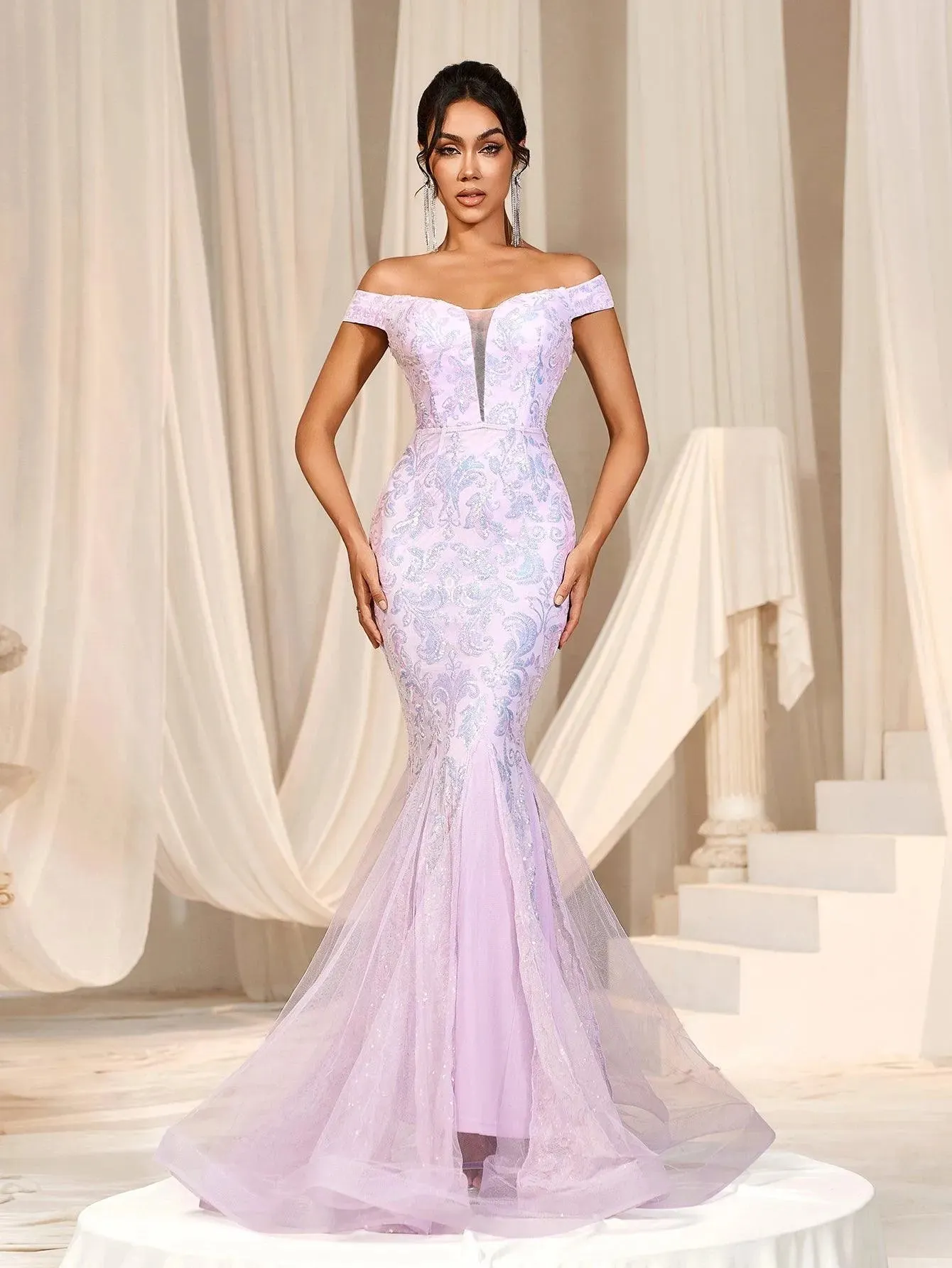 Off Shoulder Sweetheart Mesh Insert Mermaid Dress