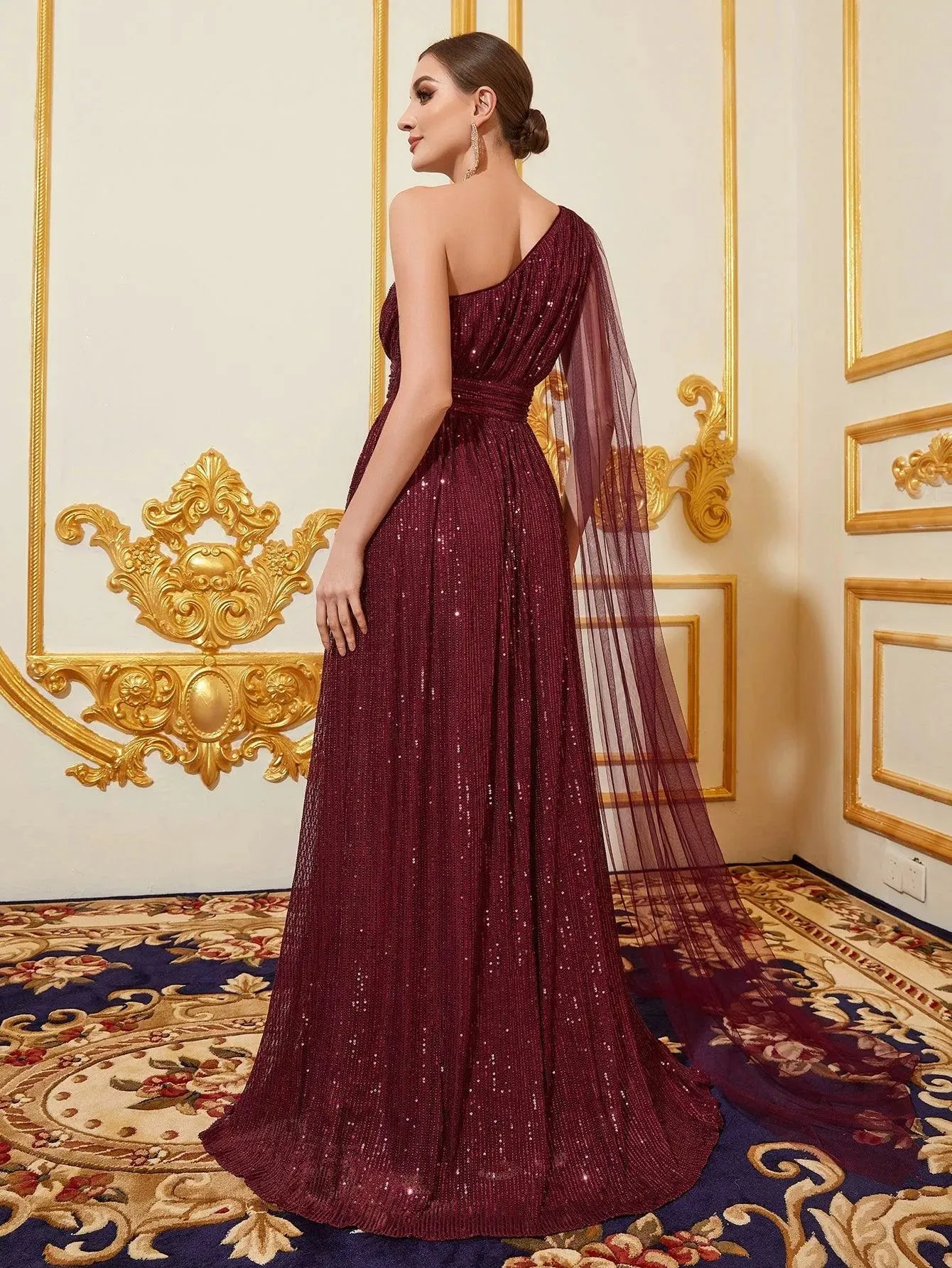 One Shoulder Draped Side Sequin Formal Dresses