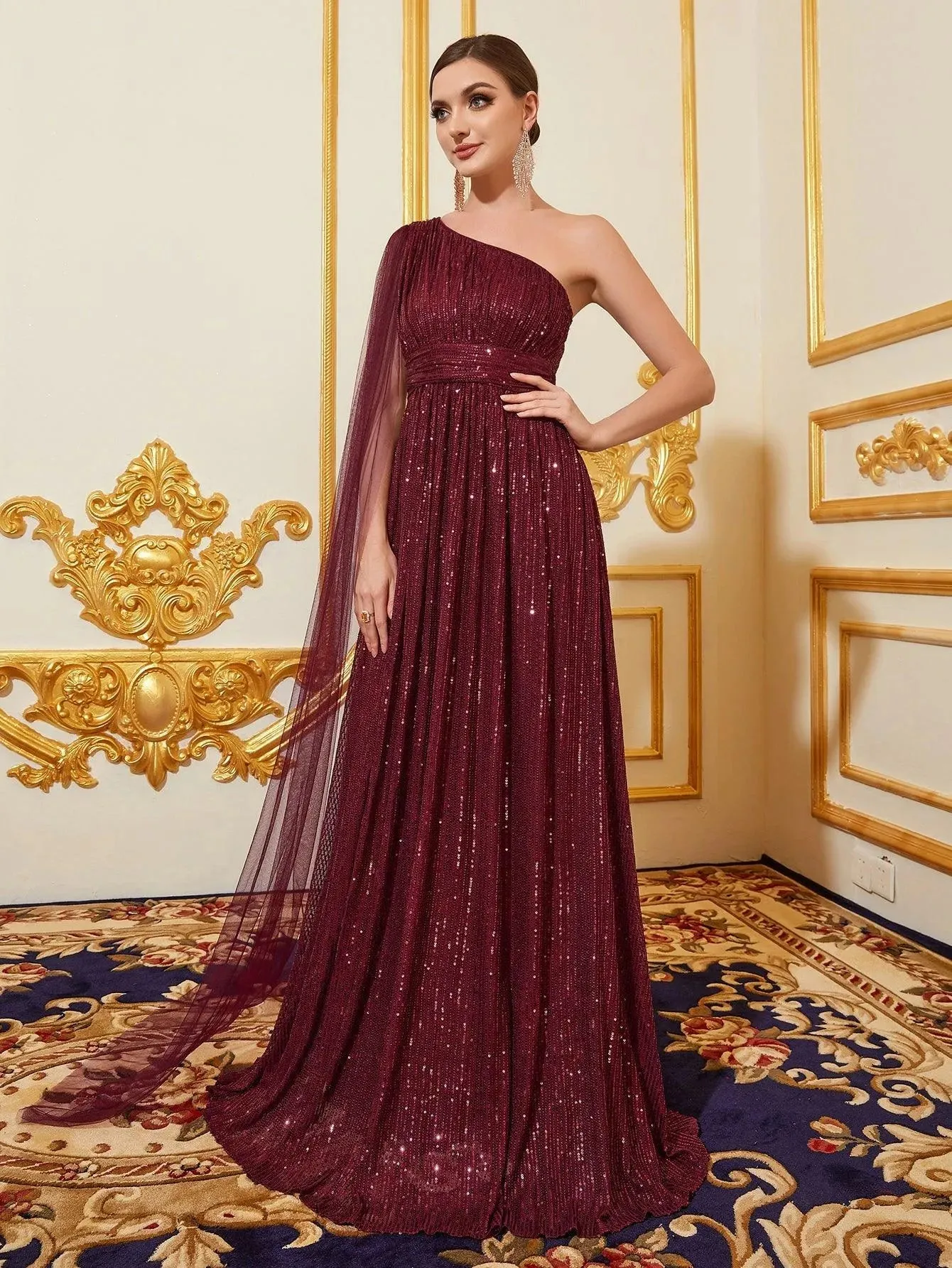 One Shoulder Draped Side Sequin Formal Dresses