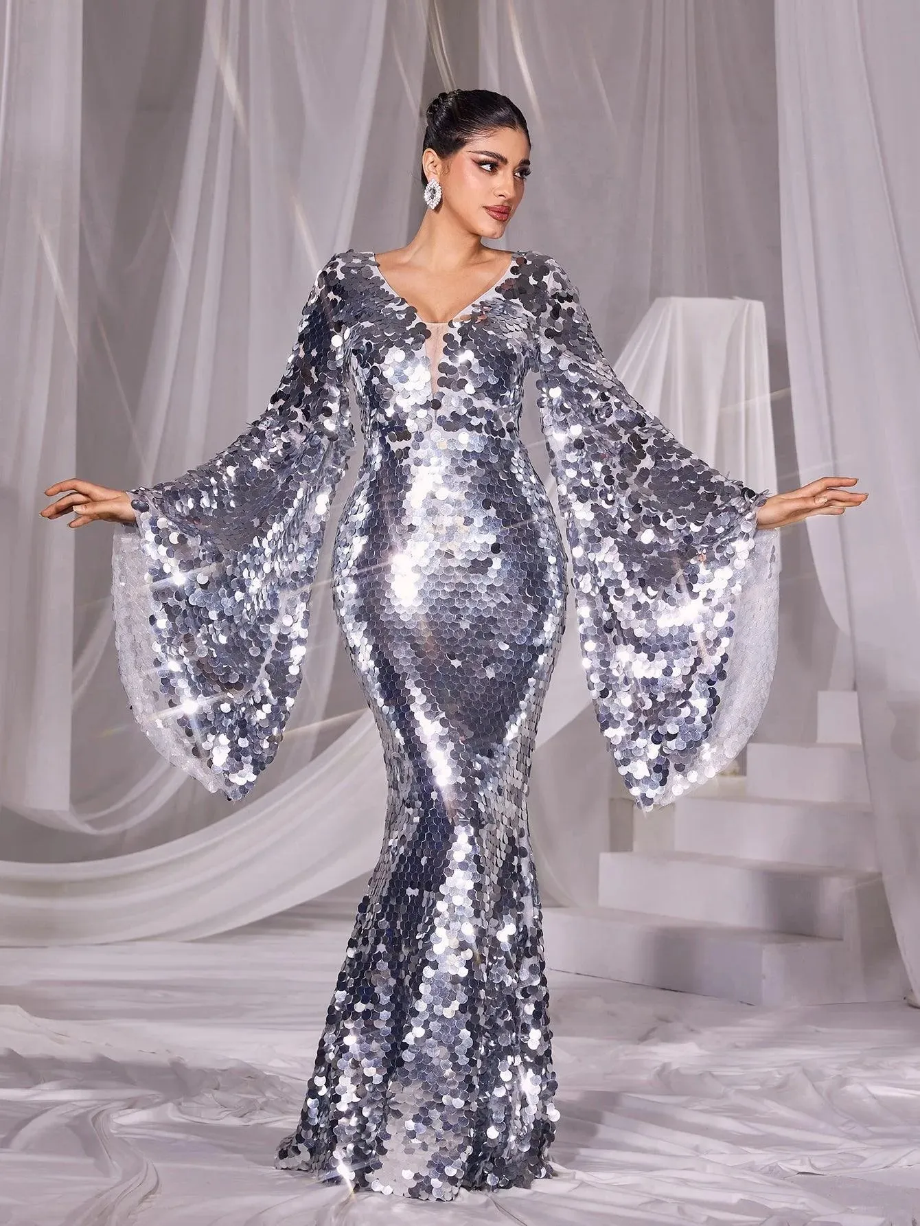 Plunging Neck Flared Sleeves Sequin Mermaid Dress