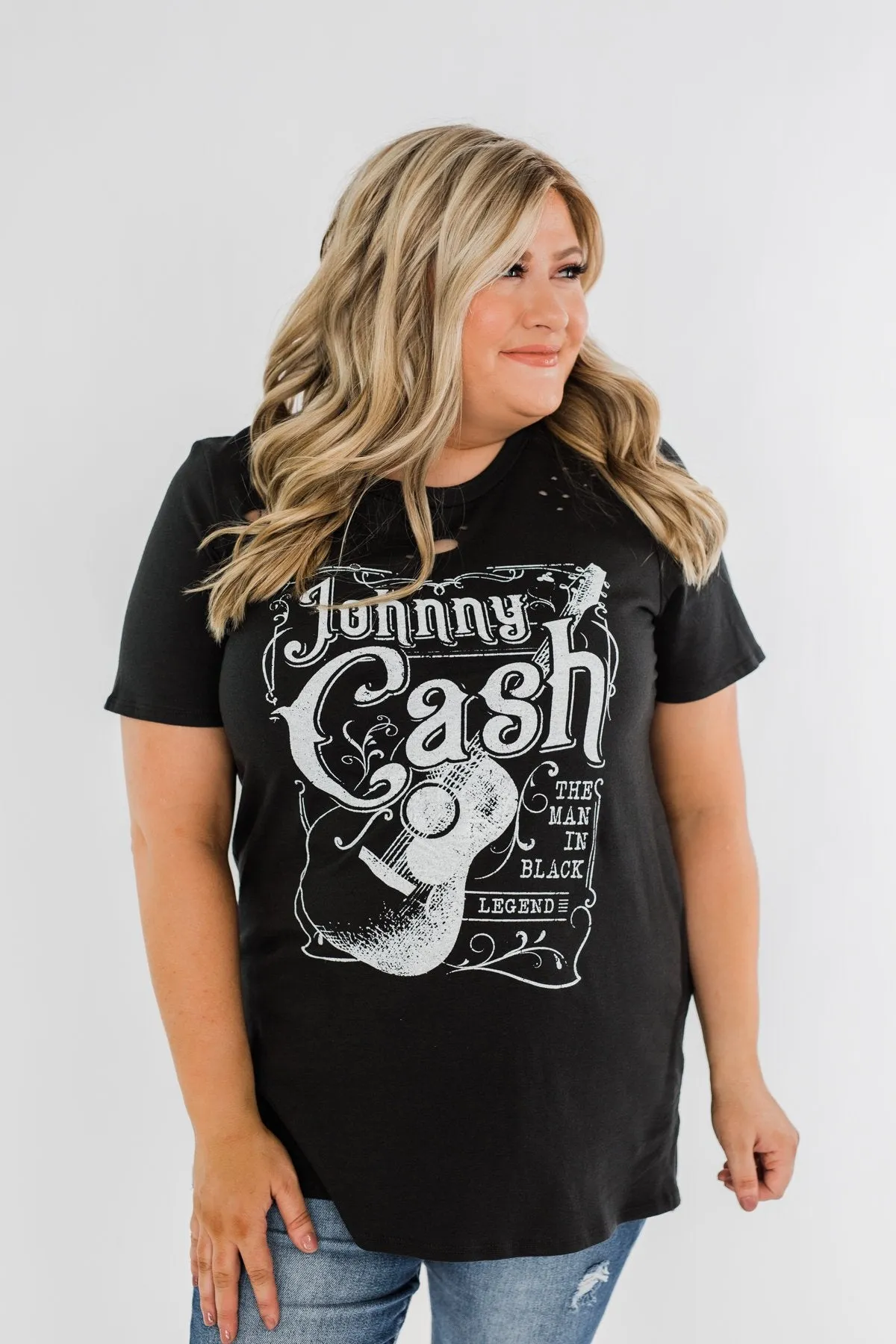 "Johnny Cash" Distressed Graphic Top- Black