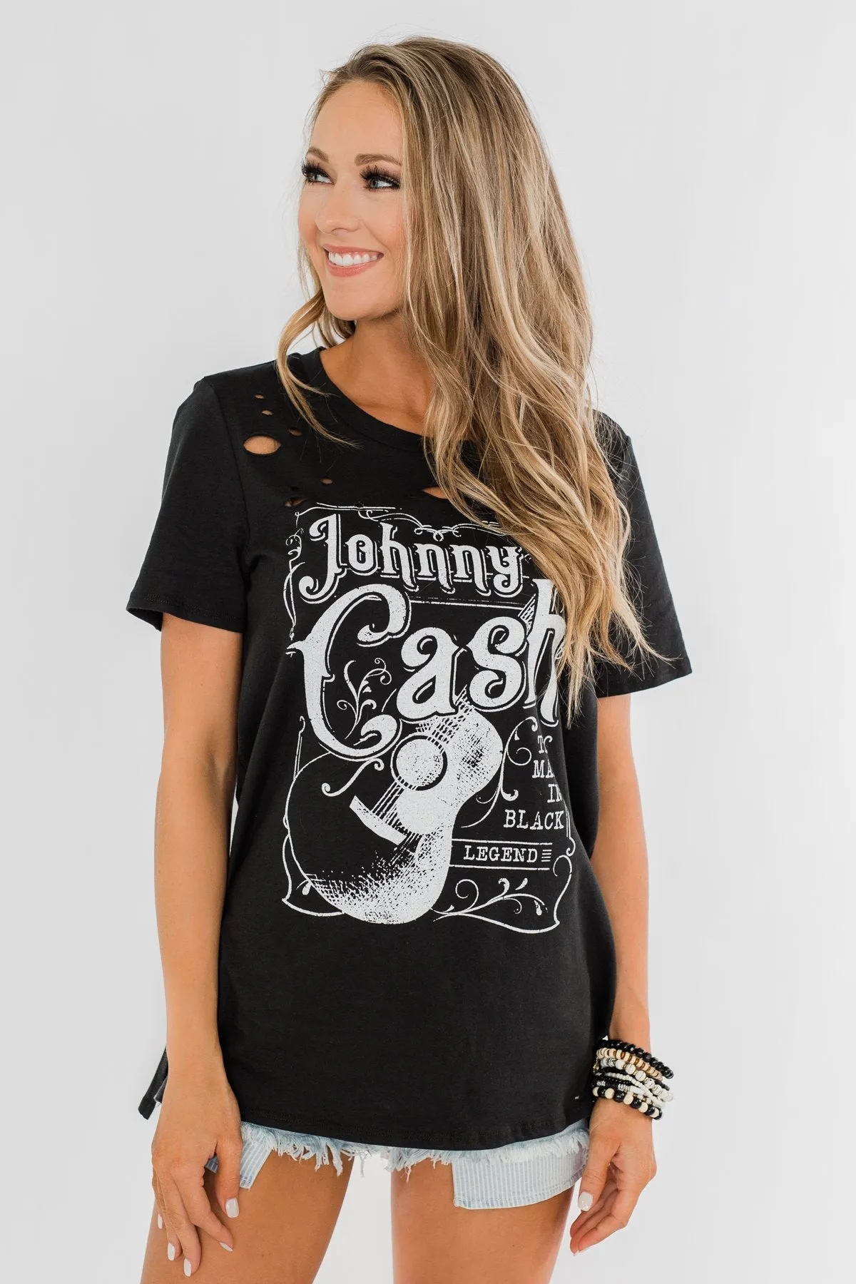 "Johnny Cash" Distressed Graphic Top- Black