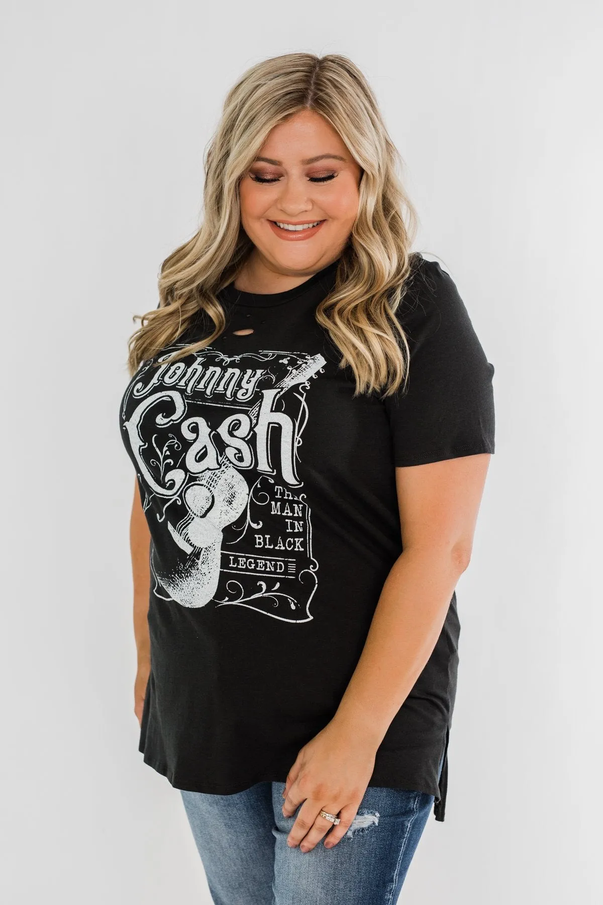 "Johnny Cash" Distressed Graphic Top- Black