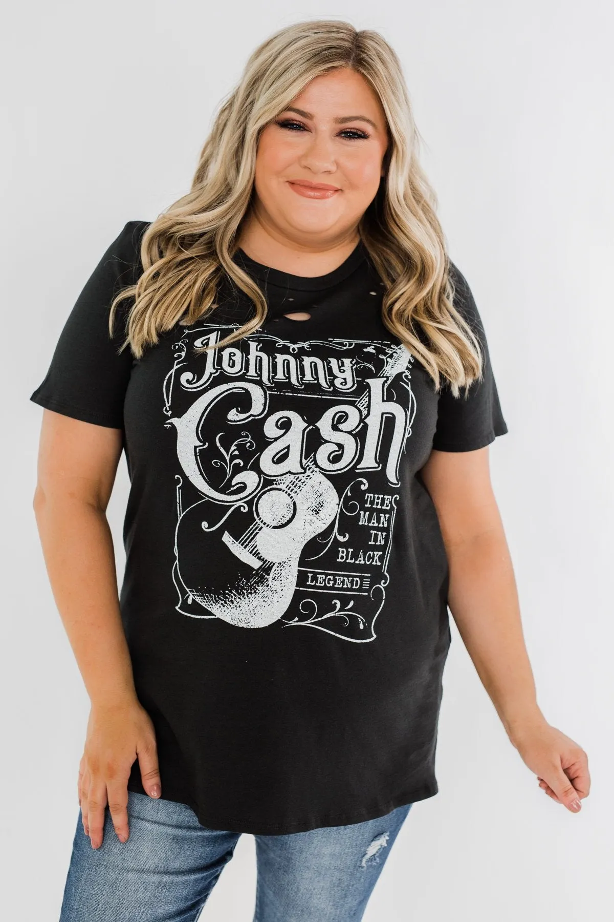 "Johnny Cash" Distressed Graphic Top- Black