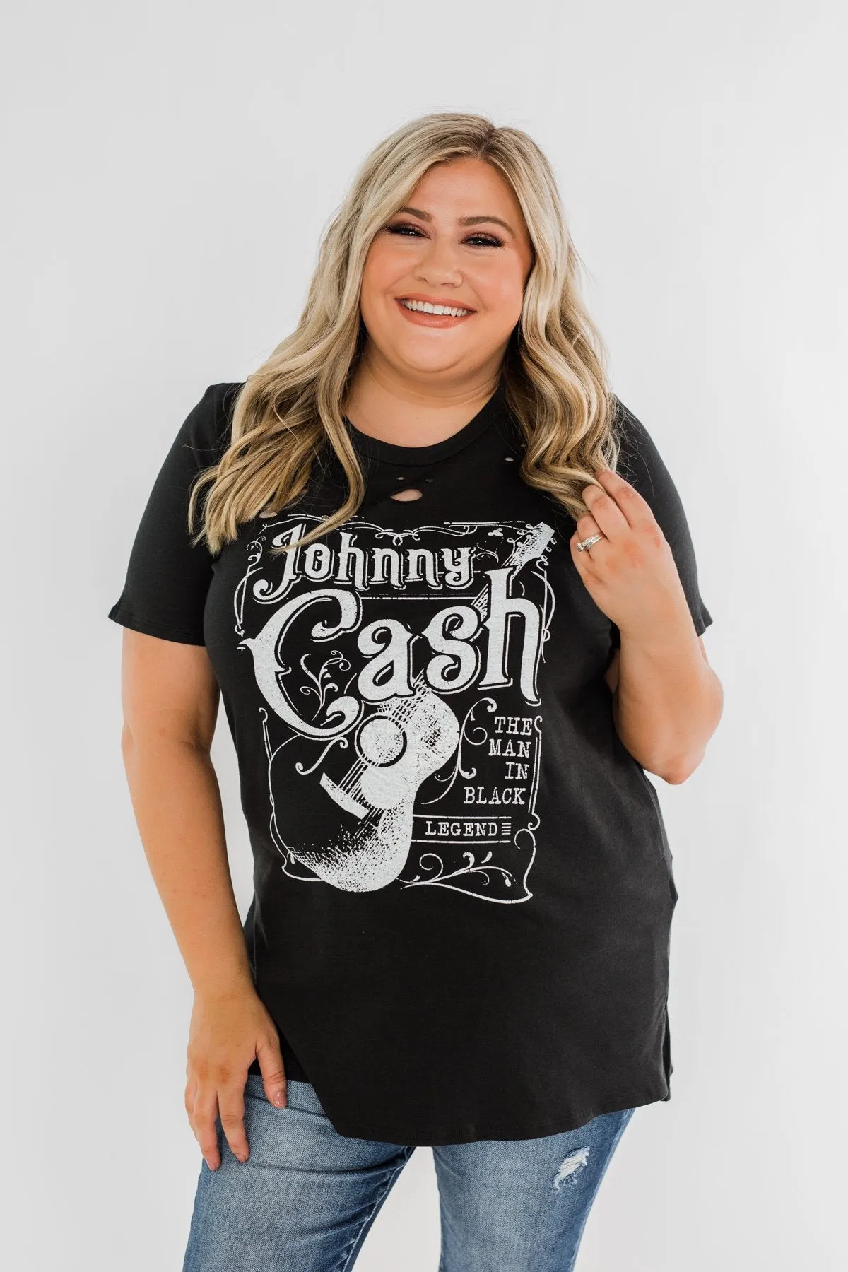 "Johnny Cash" Distressed Graphic Top- Black