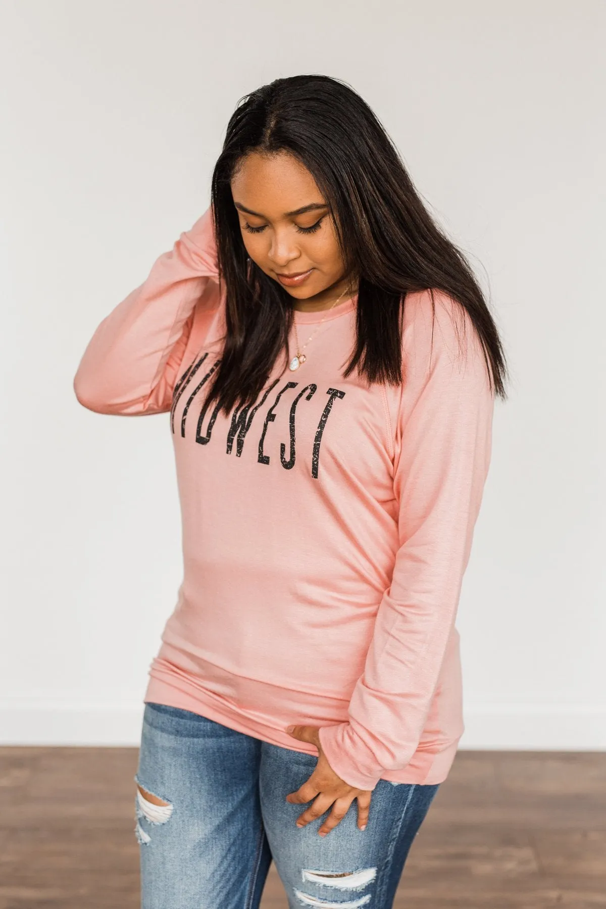 "Midwest" Long Sleeve Graphic Top- Light Pink