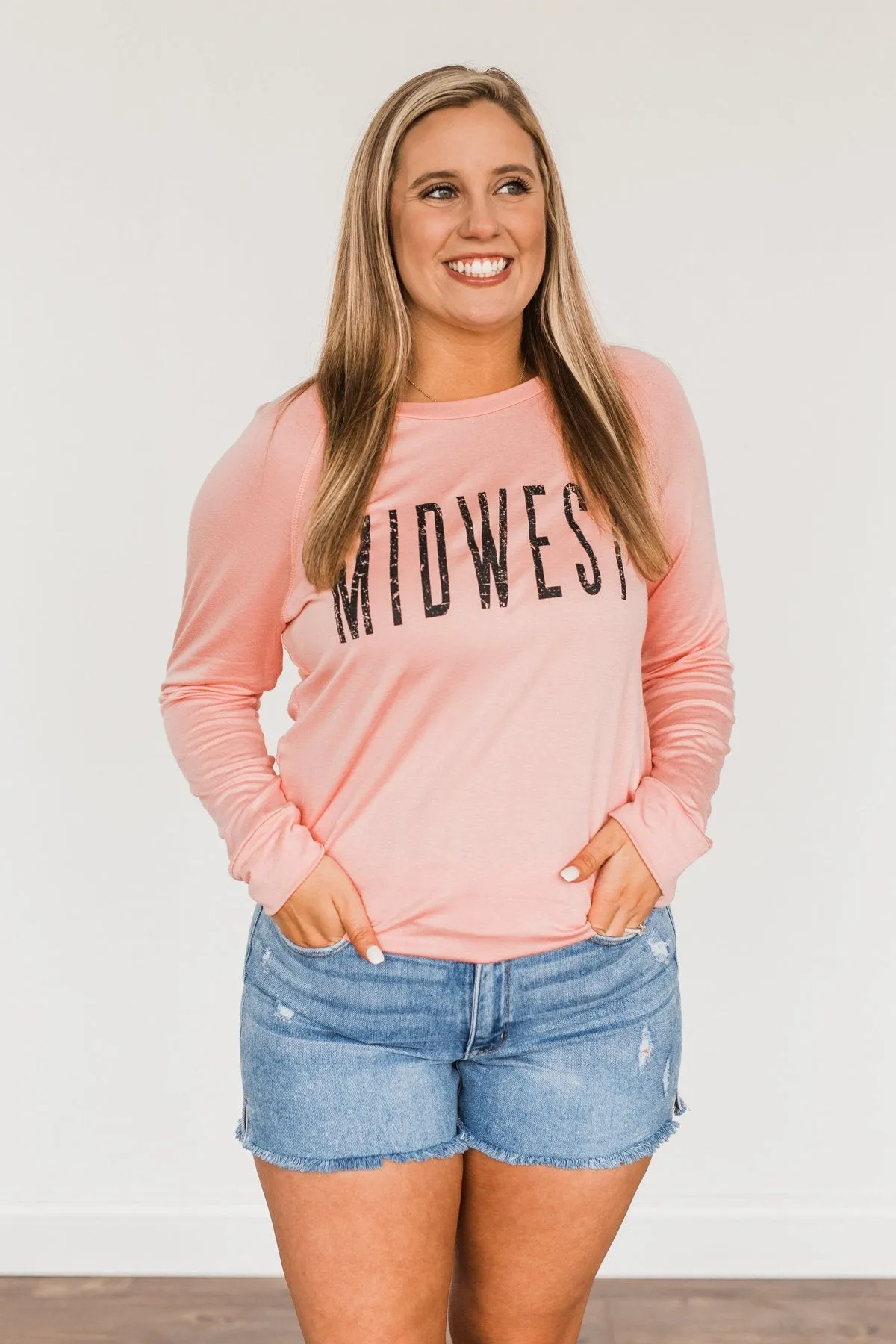 "Midwest" Long Sleeve Graphic Top- Light Pink