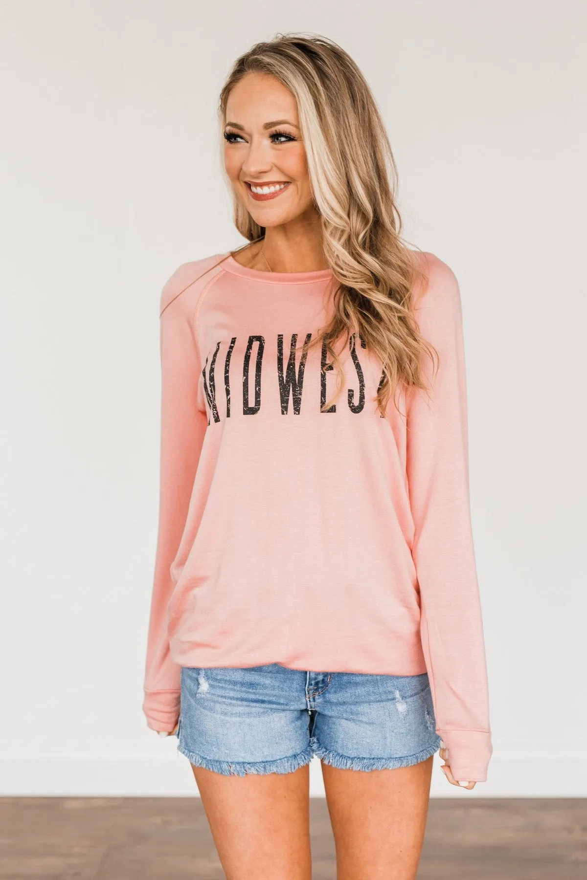 "Midwest" Long Sleeve Graphic Top- Light Pink