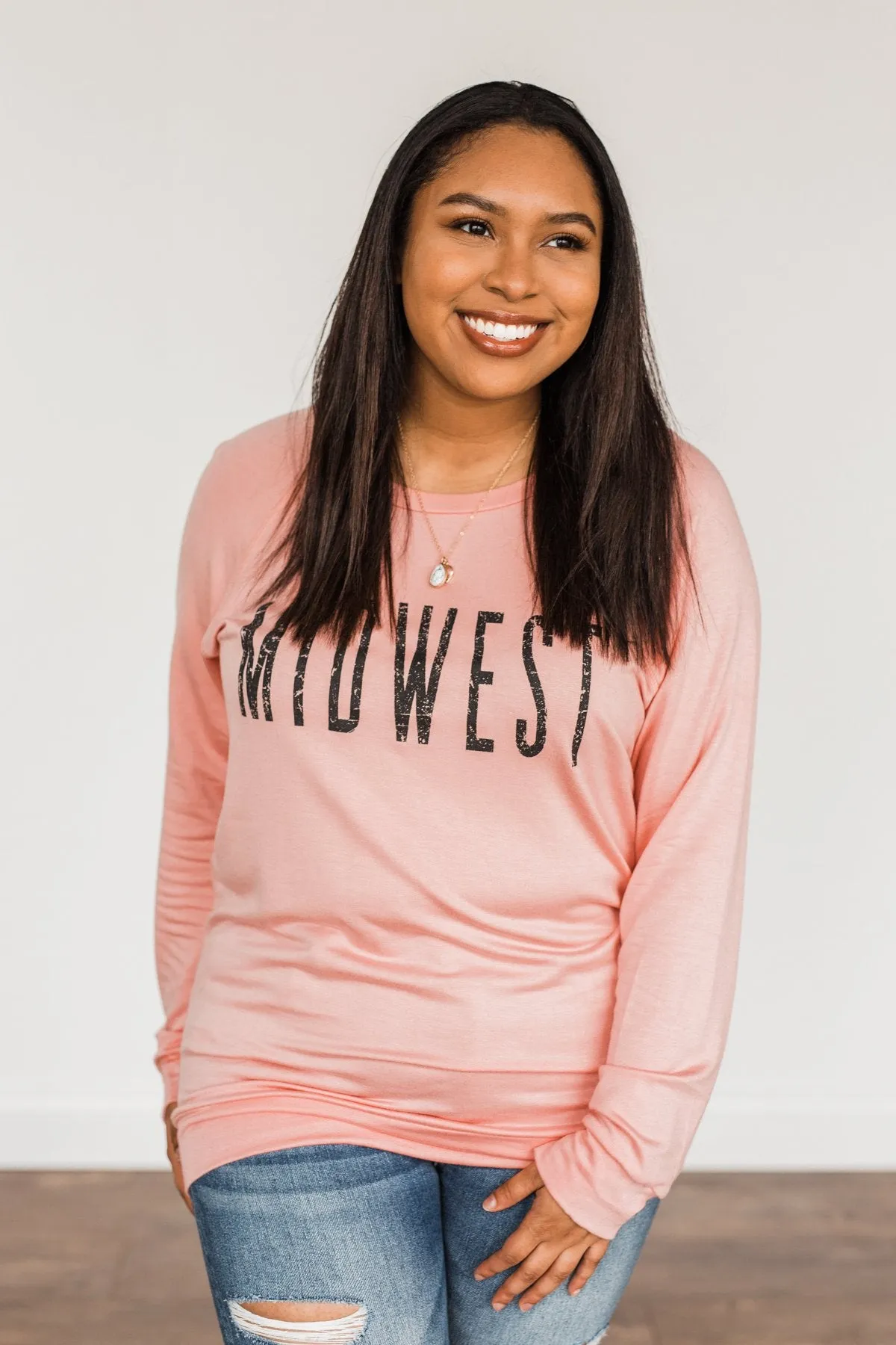 "Midwest" Long Sleeve Graphic Top- Light Pink