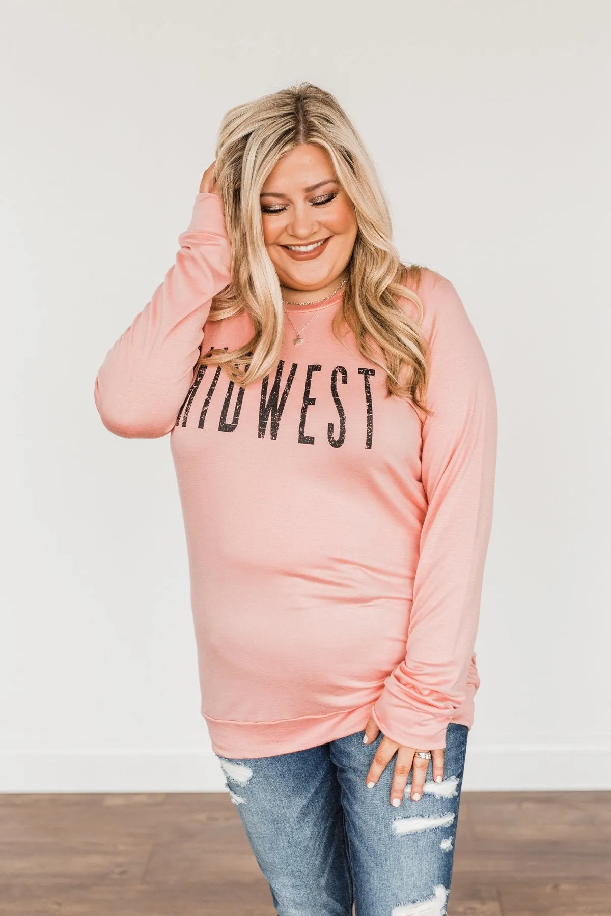 "Midwest" Long Sleeve Graphic Top- Light Pink