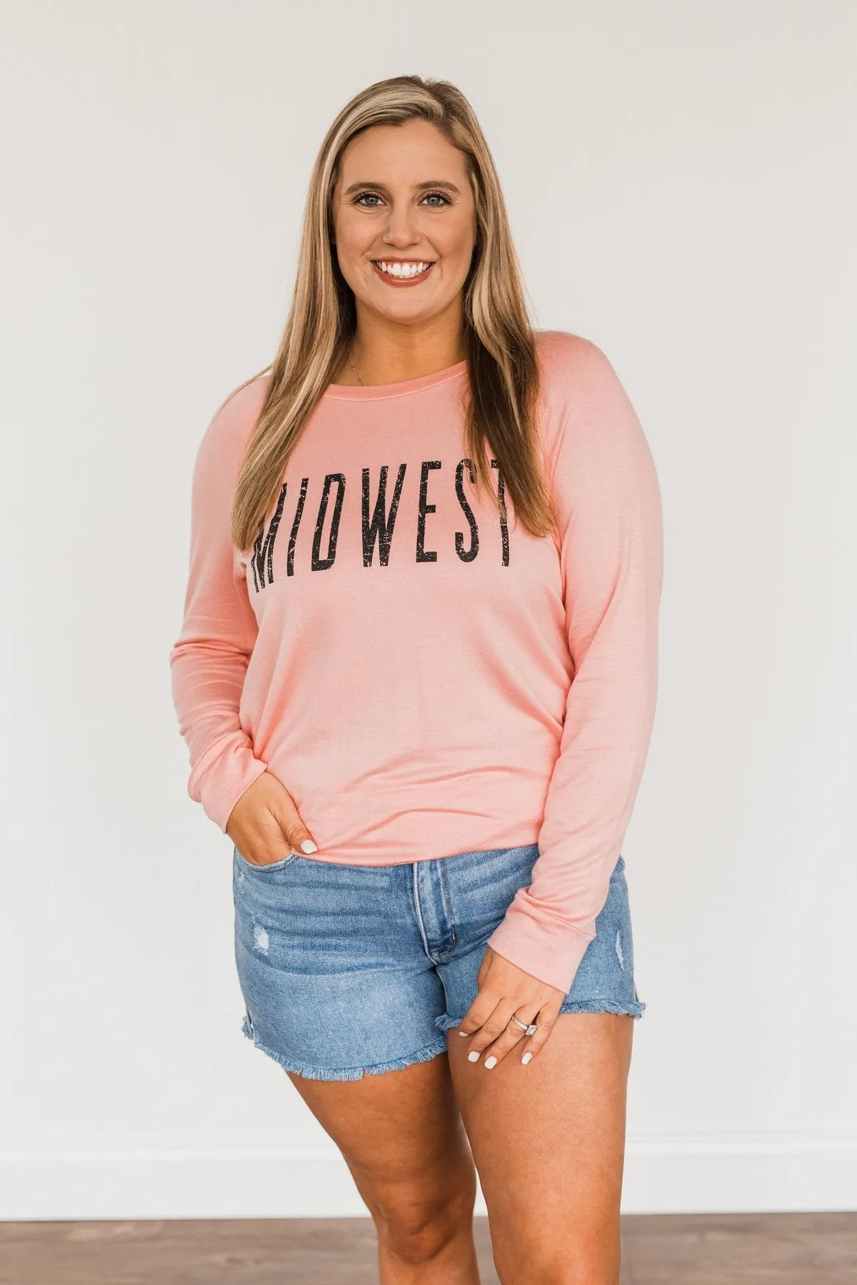 "Midwest" Long Sleeve Graphic Top- Light Pink