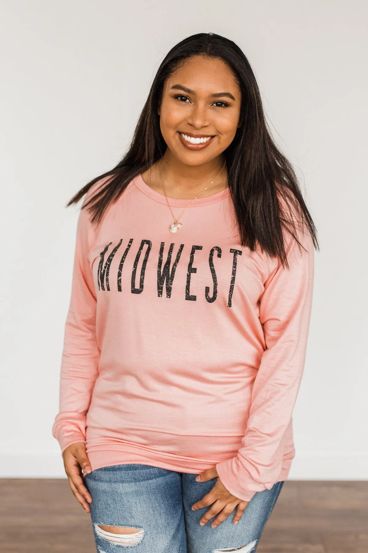 "Midwest" Long Sleeve Graphic Top- Light Pink