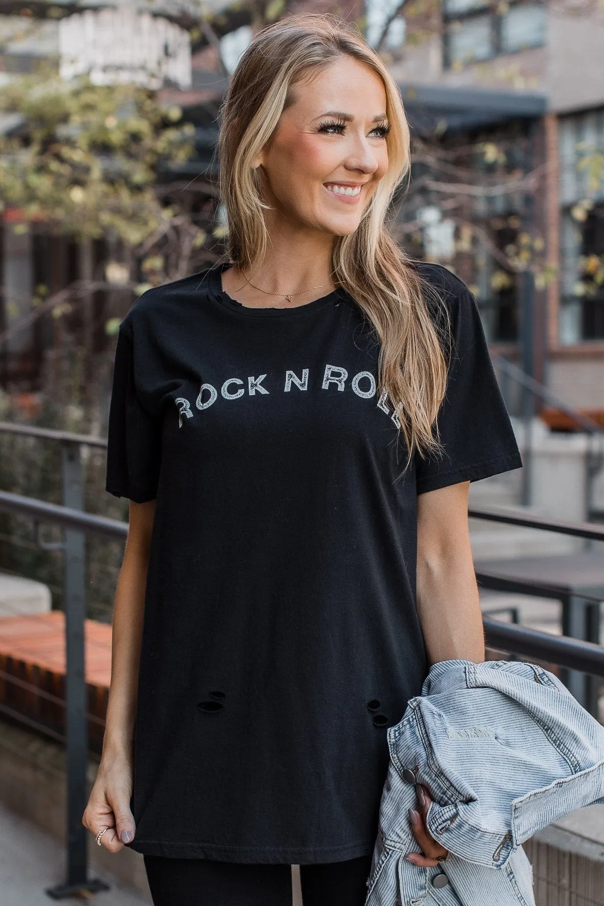 "Rock N Roll" Distressed Graphic Tee- Black