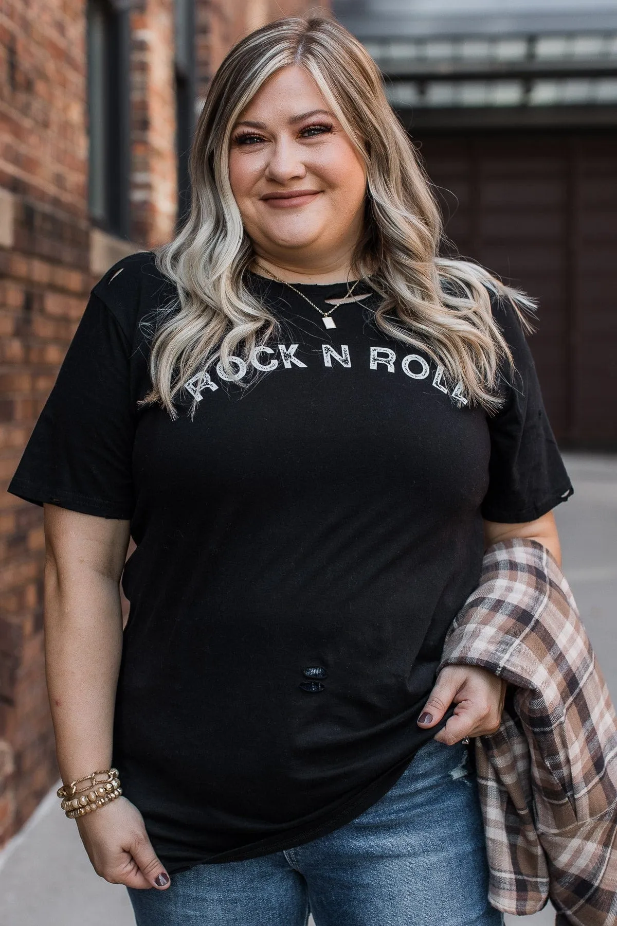 "Rock N Roll" Distressed Graphic Tee- Black