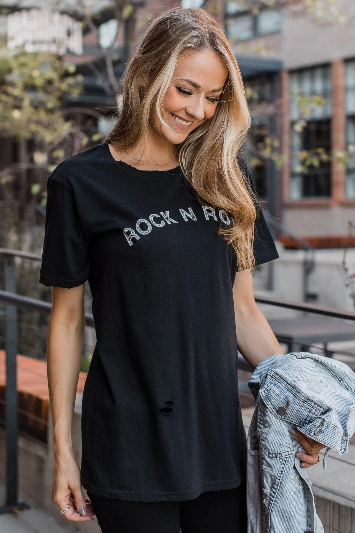 "Rock N Roll" Distressed Graphic Tee- Black